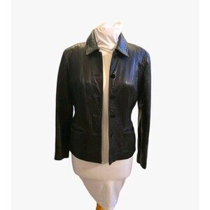 Vintage Ann Taylor Black Leather Jacket Size PS Soft Y2k Buttons Collar Pockets